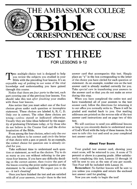 Ambassador College Bible Correspondence Course 1980s Lesson 12 Test 